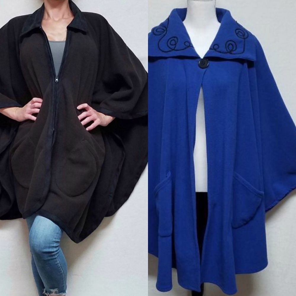 VINTAGE 80s Le Moda Blue Fleece Curlicue Cape Poncho Jacket OSFA